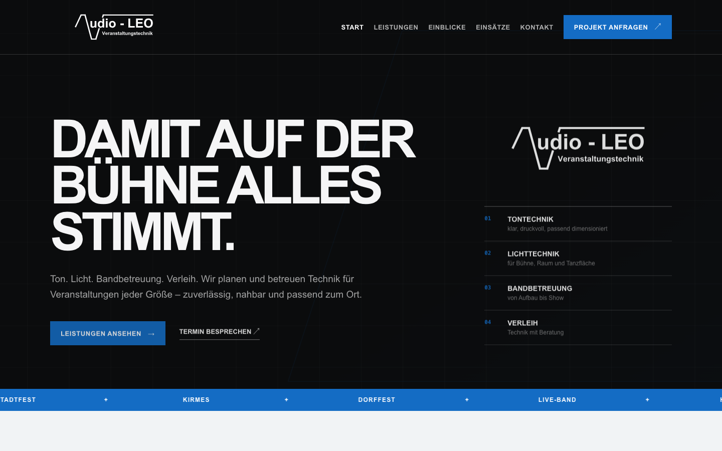 Startseite von Audio Leo im Laptop-Mockup